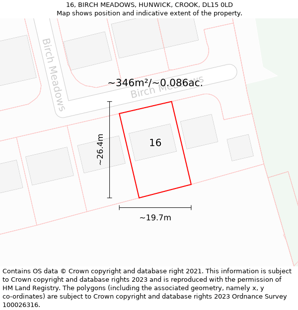16, BIRCH MEADOWS, HUNWICK, CROOK, DL15 0LD: Plot and title map