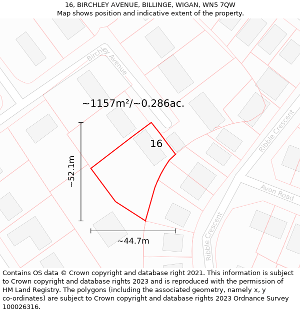 16, BIRCHLEY AVENUE, BILLINGE, WIGAN, WN5 7QW: Plot and title map