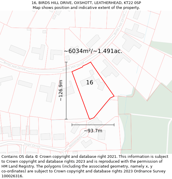16, BIRDS HILL DRIVE, OXSHOTT, LEATHERHEAD, KT22 0SP: Plot and title map