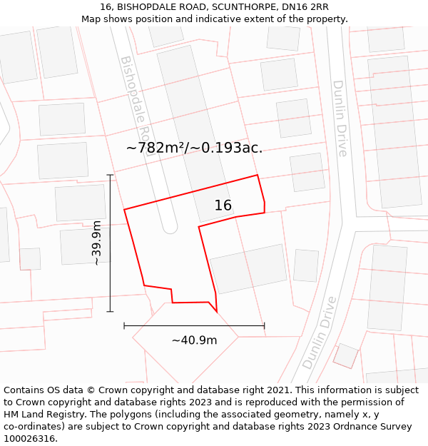 16, BISHOPDALE ROAD, SCUNTHORPE, DN16 2RR: Plot and title map