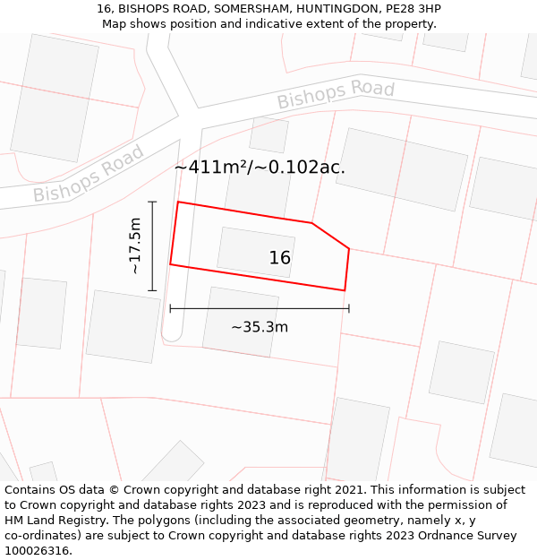 16, BISHOPS ROAD, SOMERSHAM, HUNTINGDON, PE28 3HP: Plot and title map