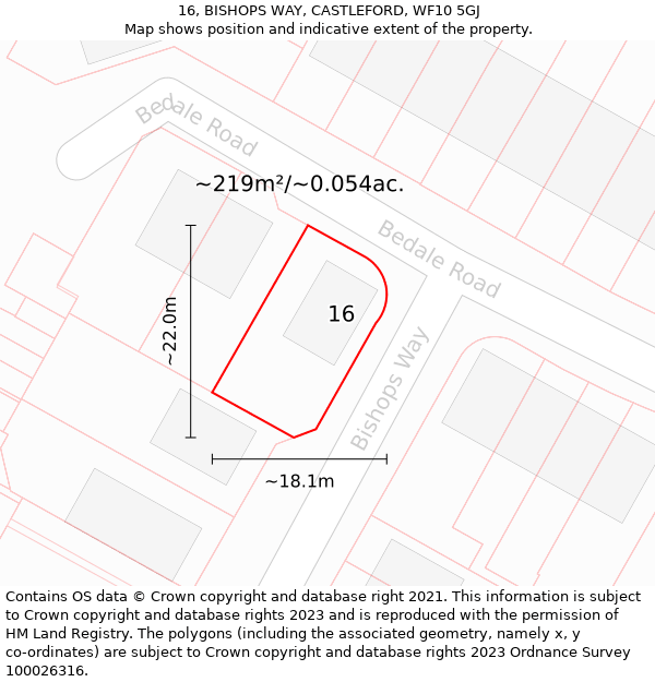 16, BISHOPS WAY, CASTLEFORD, WF10 5GJ: Plot and title map