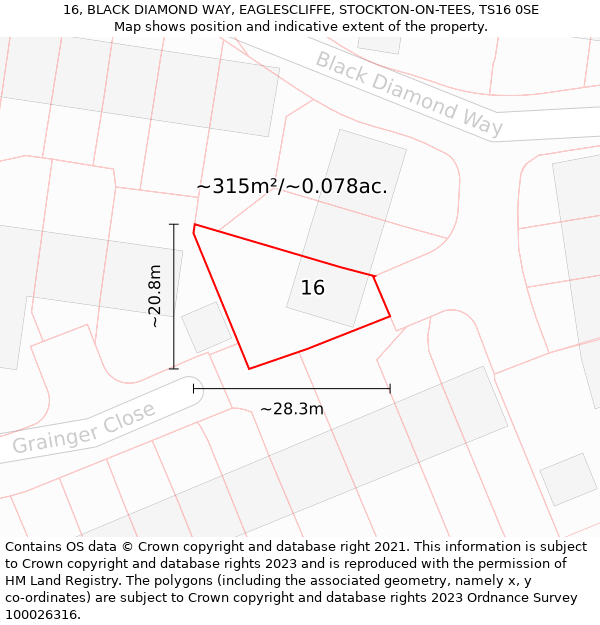 16, BLACK DIAMOND WAY, EAGLESCLIFFE, STOCKTON-ON-TEES, TS16 0SE: Plot and title map