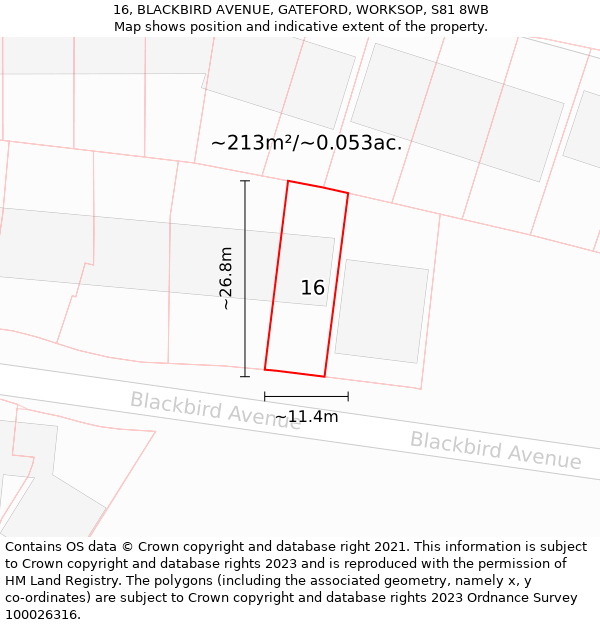 16, BLACKBIRD AVENUE, GATEFORD, WORKSOP, S81 8WB: Plot and title map