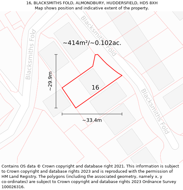 16, BLACKSMITHS FOLD, ALMONDBURY, HUDDERSFIELD, HD5 8XH: Plot and title map