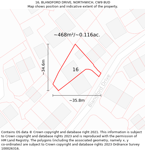 16, BLANDFORD DRIVE, NORTHWICH, CW9 8UD: Plot and title map