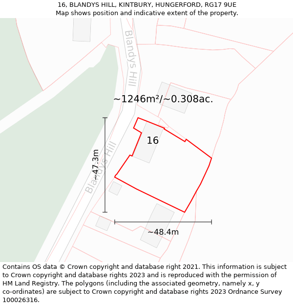 16, BLANDYS HILL, KINTBURY, HUNGERFORD, RG17 9UE: Plot and title map