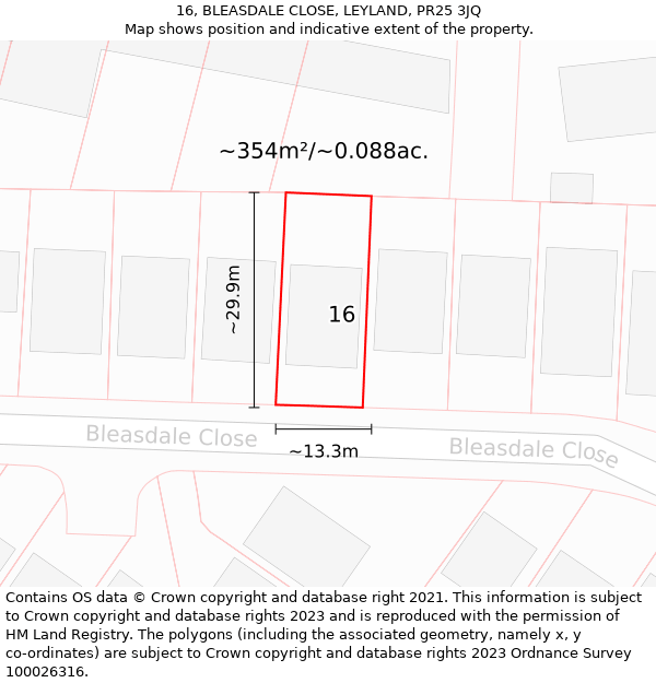 16, BLEASDALE CLOSE, LEYLAND, PR25 3JQ: Plot and title map