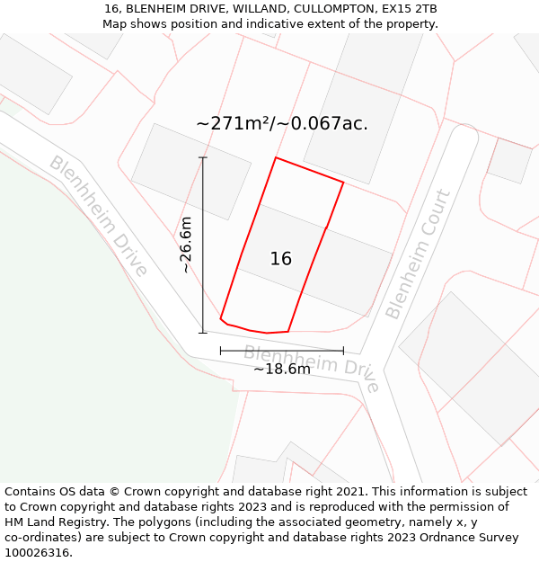 16, BLENHEIM DRIVE, WILLAND, CULLOMPTON, EX15 2TB: Plot and title map