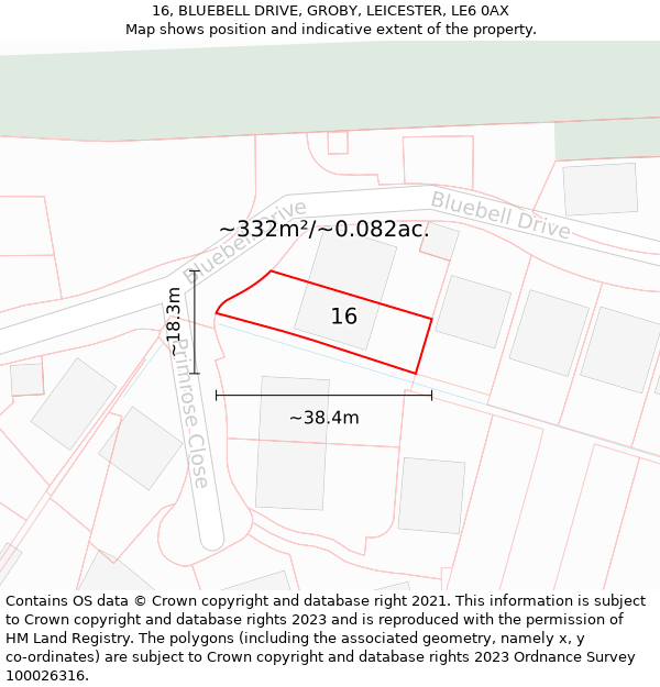 16, BLUEBELL DRIVE, GROBY, LEICESTER, LE6 0AX: Plot and title map