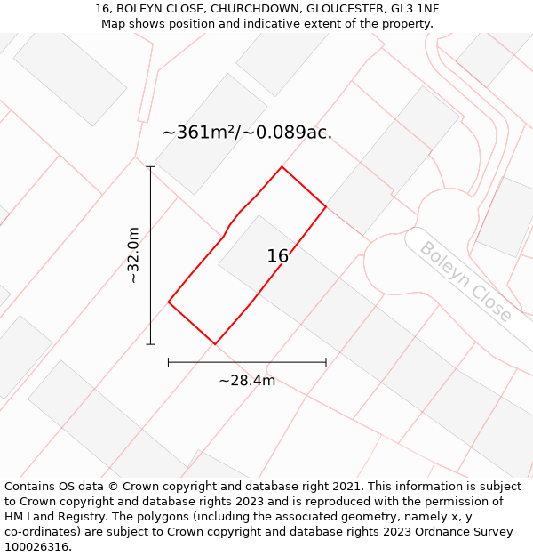 16, BOLEYN CLOSE, CHURCHDOWN, GLOUCESTER, GL3 1NF: Plot and title map