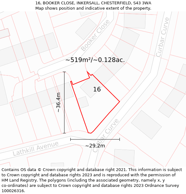 16, BOOKER CLOSE, INKERSALL, CHESTERFIELD, S43 3WA: Plot and title map