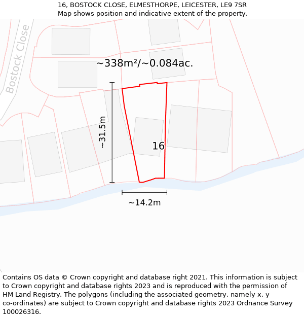 16, BOSTOCK CLOSE, ELMESTHORPE, LEICESTER, LE9 7SR: Plot and title map