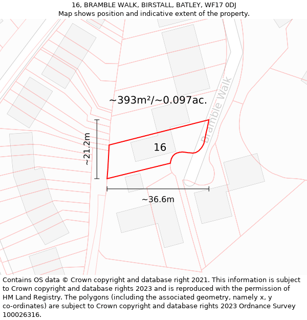 16, BRAMBLE WALK, BIRSTALL, BATLEY, WF17 0DJ: Plot and title map