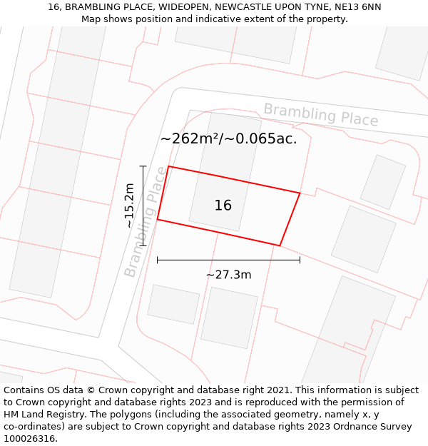 16, BRAMBLING PLACE, WIDEOPEN, NEWCASTLE UPON TYNE, NE13 6NN: Plot and title map