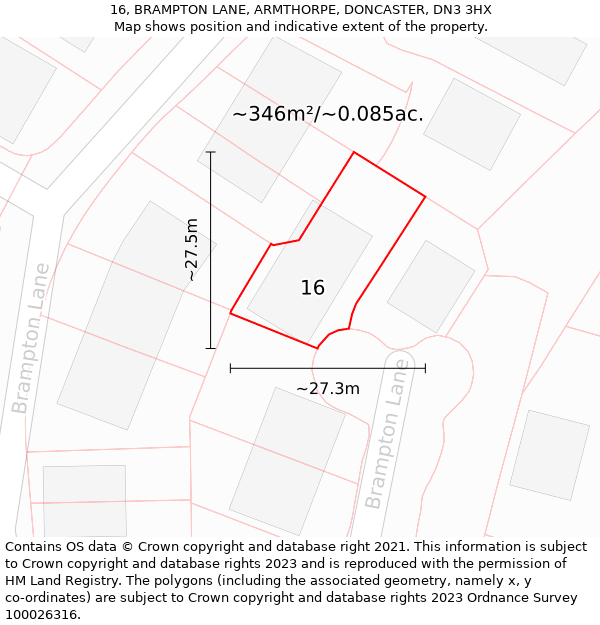 16, BRAMPTON LANE, ARMTHORPE, DONCASTER, DN3 3HX: Plot and title map