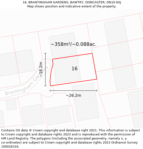 16, BRANTINGHAM GARDENS, BAWTRY, DONCASTER, DN10 6XJ: Plot and title map