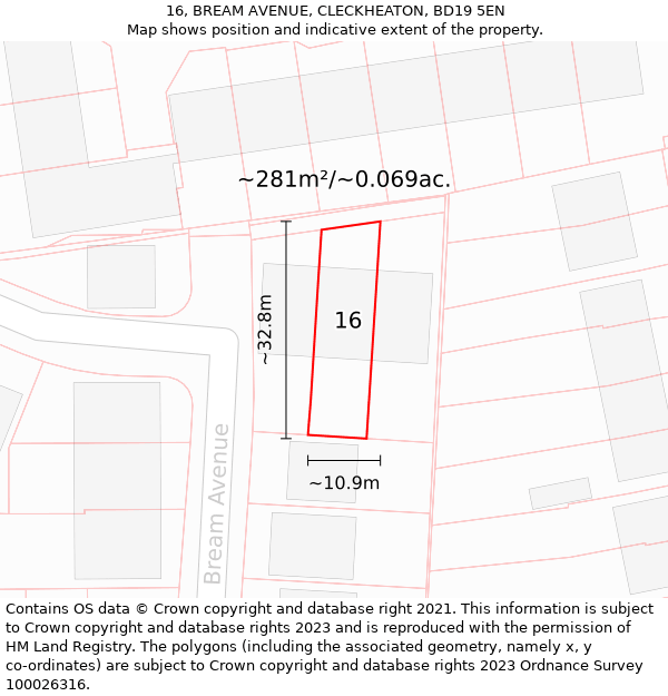 16, BREAM AVENUE, CLECKHEATON, BD19 5EN: Plot and title map