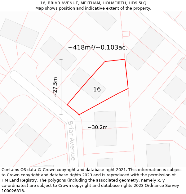 16, BRIAR AVENUE, MELTHAM, HOLMFIRTH, HD9 5LQ: Plot and title map