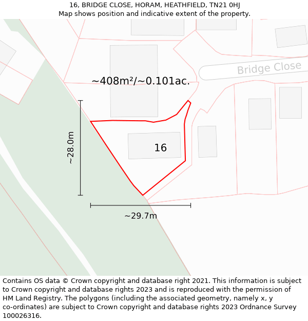 16, BRIDGE CLOSE, HORAM, HEATHFIELD, TN21 0HJ: Plot and title map