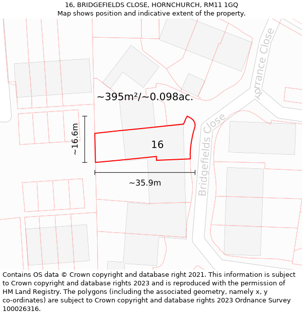 16, BRIDGEFIELDS CLOSE, HORNCHURCH, RM11 1GQ: Plot and title map