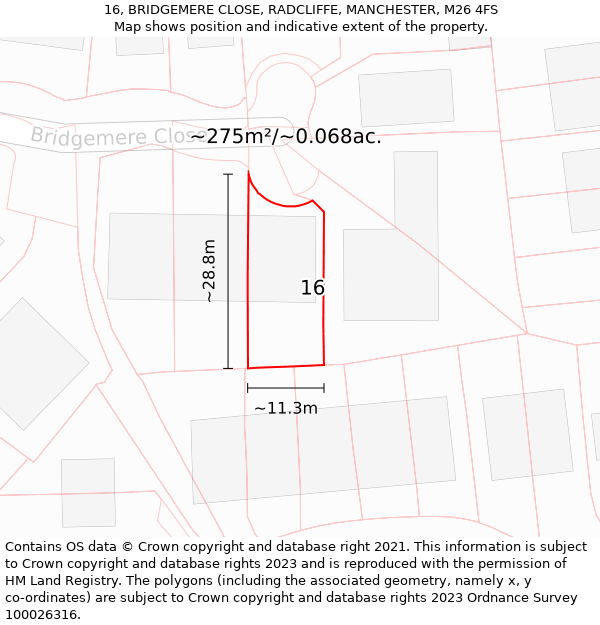 16, BRIDGEMERE CLOSE, RADCLIFFE, MANCHESTER, M26 4FS: Plot and title map