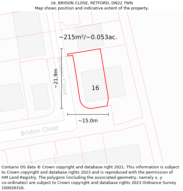 16, BRIDON CLOSE, RETFORD, DN22 7WN: Plot and title map