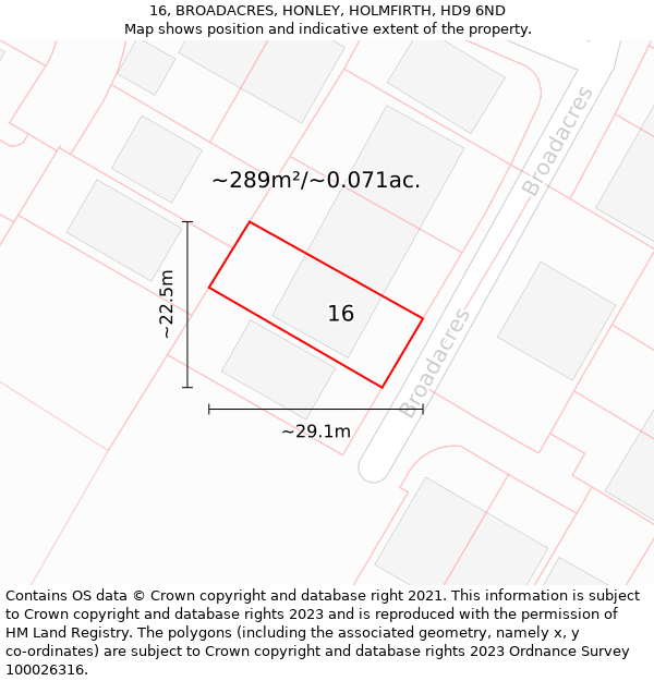 16, BROADACRES, HONLEY, HOLMFIRTH, HD9 6ND: Plot and title map