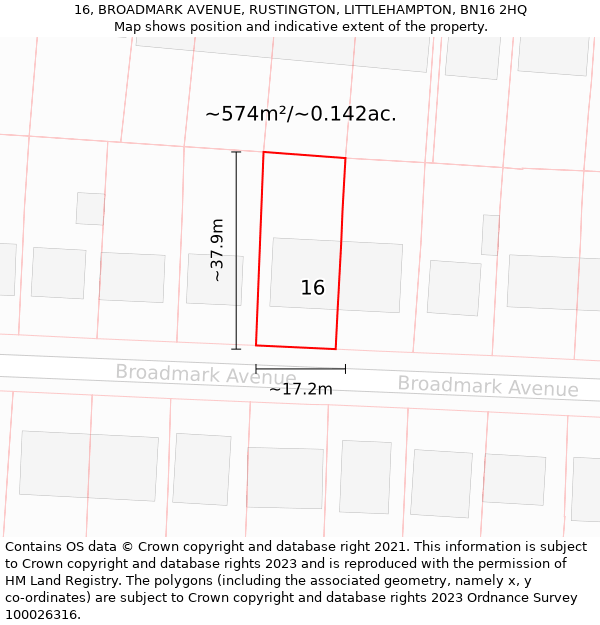 16, BROADMARK AVENUE, RUSTINGTON, LITTLEHAMPTON, BN16 2HQ: Plot and title map