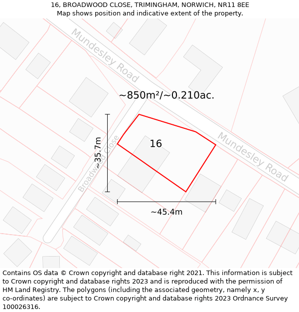 16, BROADWOOD CLOSE, TRIMINGHAM, NORWICH, NR11 8EE: Plot and title map