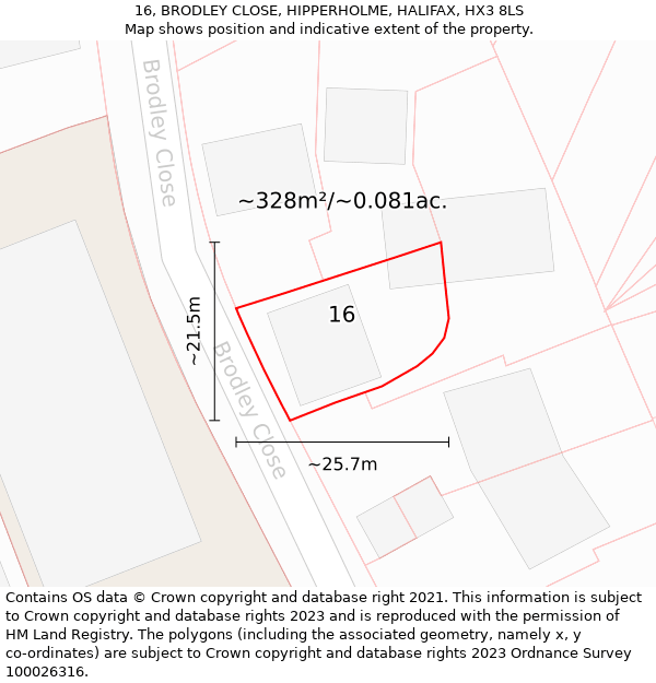 16, BRODLEY CLOSE, HIPPERHOLME, HALIFAX, HX3 8LS: Plot and title map