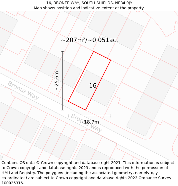 16, BRONTE WAY, SOUTH SHIELDS, NE34 9JY: Plot and title map