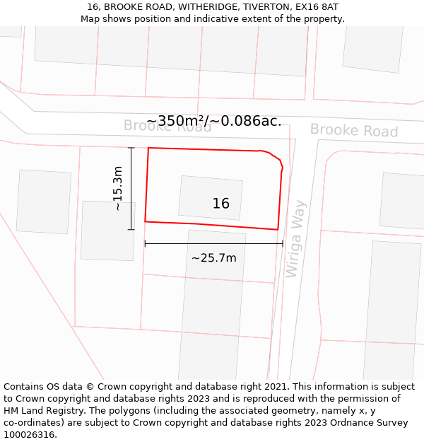 16, BROOKE ROAD, WITHERIDGE, TIVERTON, EX16 8AT: Plot and title map