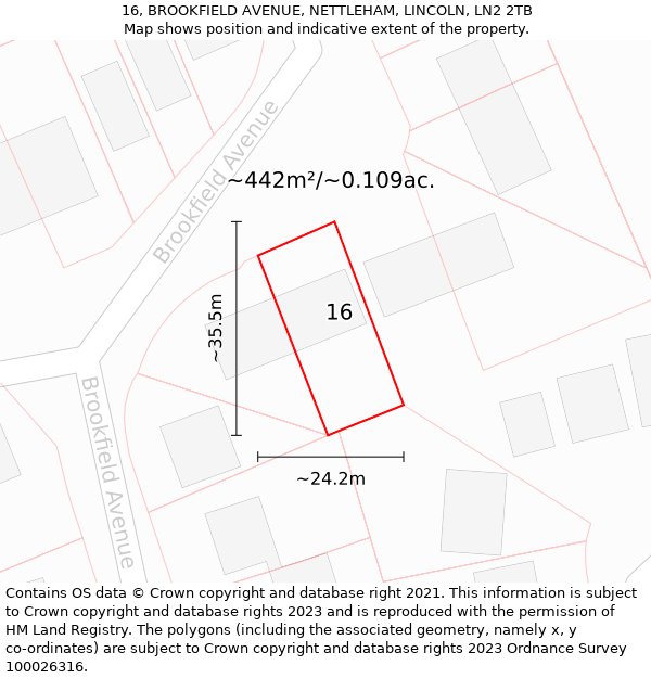 16, BROOKFIELD AVENUE, NETTLEHAM, LINCOLN, LN2 2TB: Plot and title map