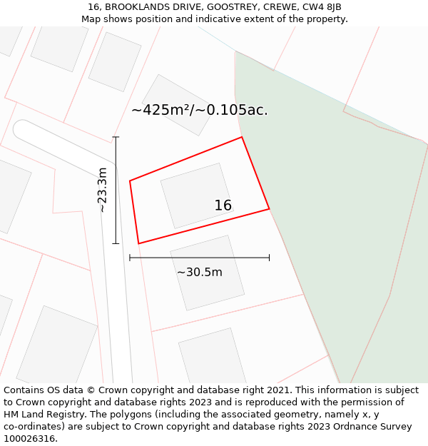 16, BROOKLANDS DRIVE, GOOSTREY, CREWE, CW4 8JB: Plot and title map