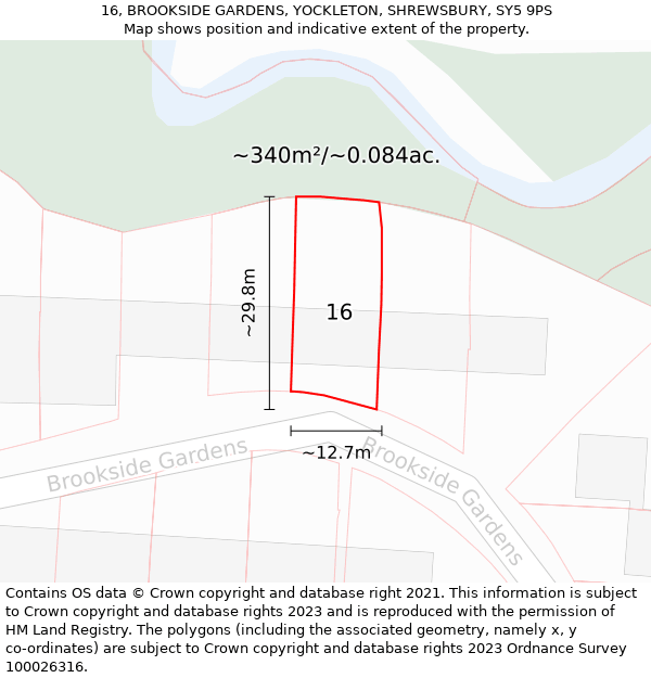 16, BROOKSIDE GARDENS, YOCKLETON, SHREWSBURY, SY5 9PS: Plot and title map