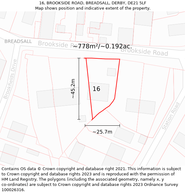 16, BROOKSIDE ROAD, BREADSALL, DERBY, DE21 5LF: Plot and title map