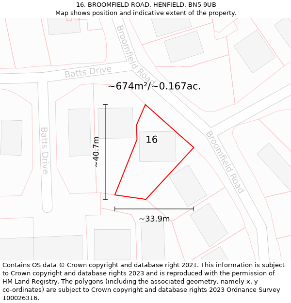 16, BROOMFIELD ROAD, HENFIELD, BN5 9UB: Plot and title map