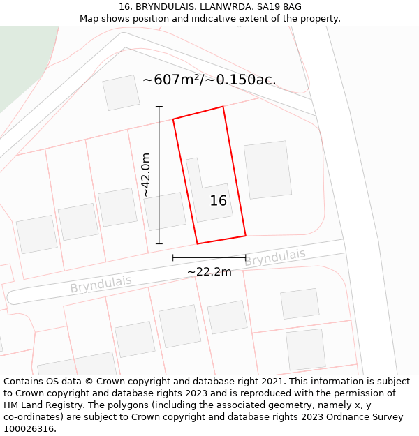 16, BRYNDULAIS, LLANWRDA, SA19 8AG: Plot and title map