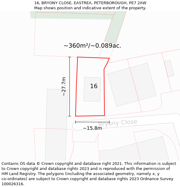 16, BRYONY CLOSE, EASTREA, PETERBOROUGH, PE7 2AW: Plot and title map