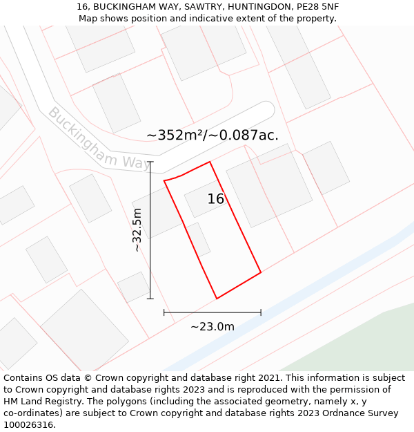 16, BUCKINGHAM WAY, SAWTRY, HUNTINGDON, PE28 5NF: Plot and title map