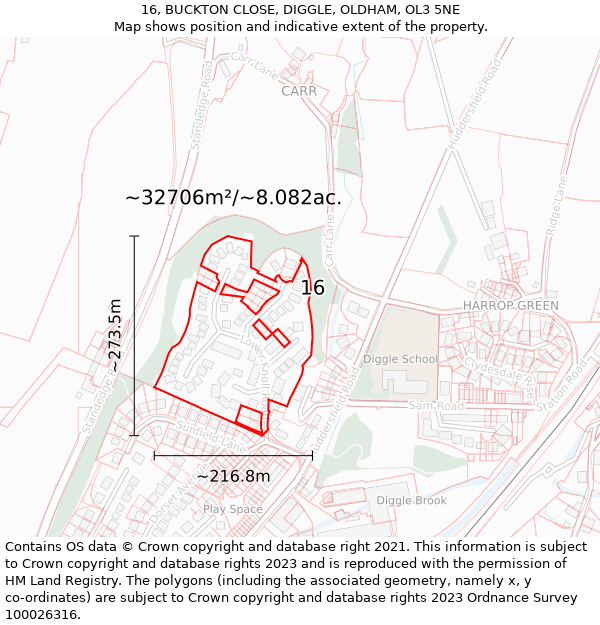 16, BUCKTON CLOSE, DIGGLE, OLDHAM, OL3 5NE: Plot and title map