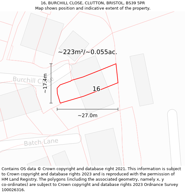 16, BURCHILL CLOSE, CLUTTON, BRISTOL, BS39 5PR: Plot and title map