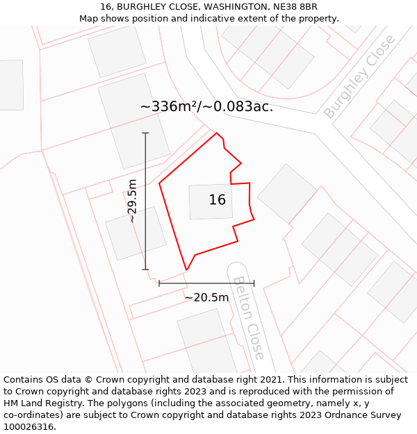 16, BURGHLEY CLOSE, WASHINGTON, NE38 8BR: Plot and title map