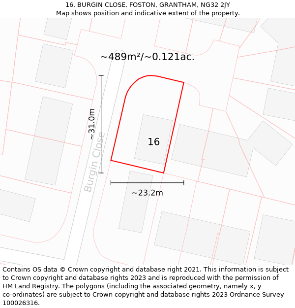 16, BURGIN CLOSE, FOSTON, GRANTHAM, NG32 2JY: Plot and title map