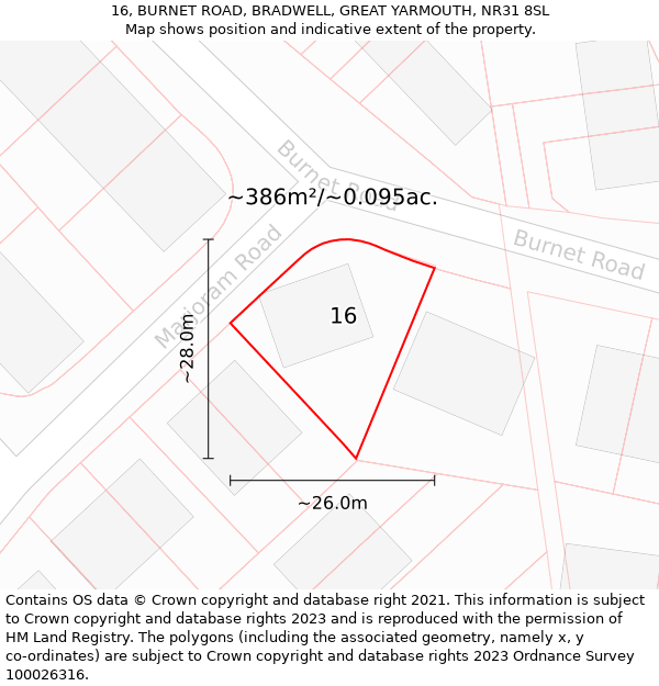 16, BURNET ROAD, BRADWELL, GREAT YARMOUTH, NR31 8SL: Plot and title map