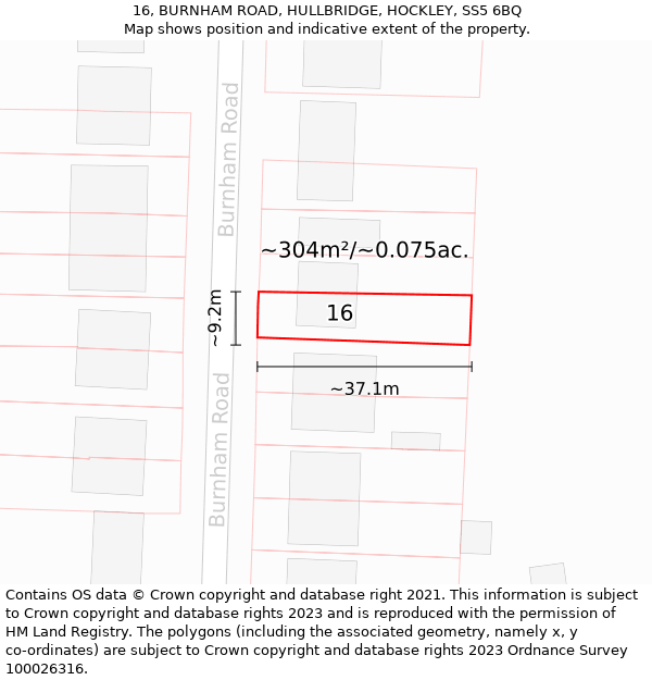 16, BURNHAM ROAD, HULLBRIDGE, HOCKLEY, SS5 6BQ: Plot and title map