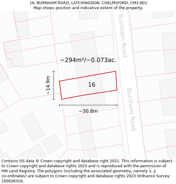 16, BURNHAM ROAD, LATCHINGDON, CHELMSFORD, CM3 6EU: Plot and title map