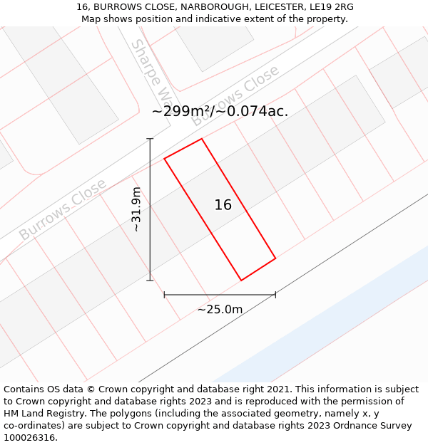 16, BURROWS CLOSE, NARBOROUGH, LEICESTER, LE19 2RG: Plot and title map