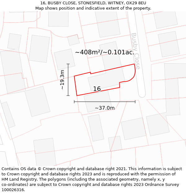 16, BUSBY CLOSE, STONESFIELD, WITNEY, OX29 8EU: Plot and title map
